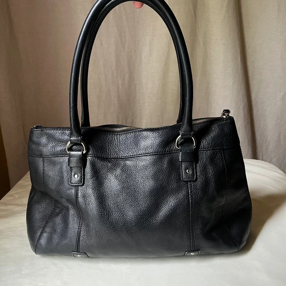 Kate Spade New York Black Pebbled Leather Large Shoulder Tote Bag Zip Top